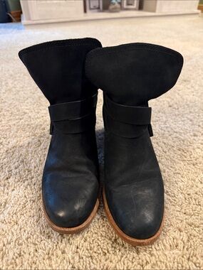 UGG Black Leather Ankle Booties with Fold-Over Cuff